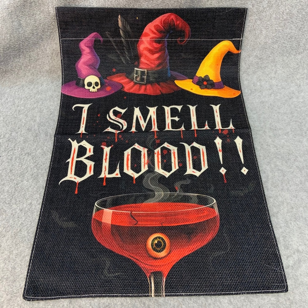 I Smell Blood Halloween Garden Flag Black Burlap Witch Hat Decor 12x18 NWOT